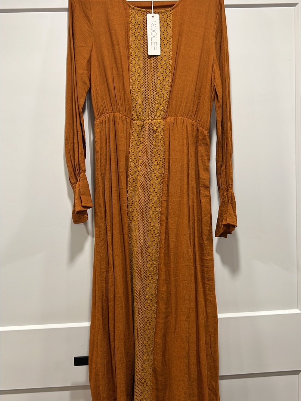 Roolee Mustard Long Sleeve Crochet-Trim Maxi Dress